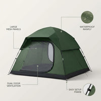Tent 4 Person Tents for Camping with 2 Doors & Rainfly | Portable Waterproof & Windproof Tents, Large Mesh Ventilation, Easy Setup Family Tent for Camping, Hiking and Backpacking — infographic