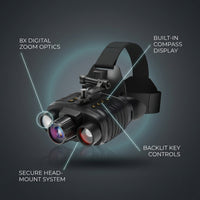 Upgraded Hunting Night Vision Goggles, Head-Mounted Night Vision Binoculars, 8X Digital Zoom, Built-In Compass, Key Backlight — infographic