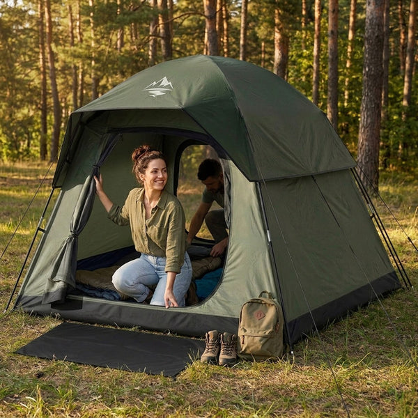 4 Person Camping Tent Built for All Weather, Dual Doors, Waterproof Rainfly, Mesh Ventilation System